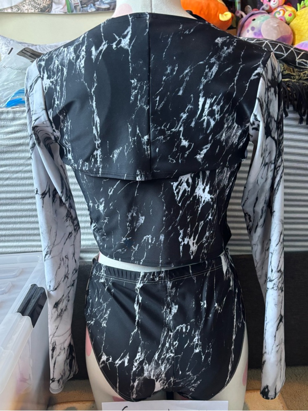 Black & White Marble Long Sleeve Two-Piece Swimsuit